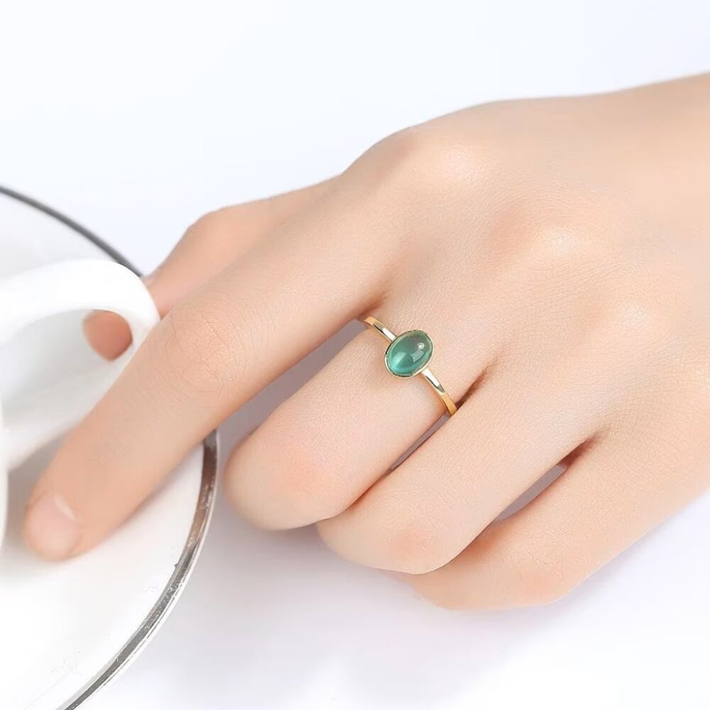 18k Gold Plated over 925 sterling silver Cabochon 7x5 created oval Emerald Ring